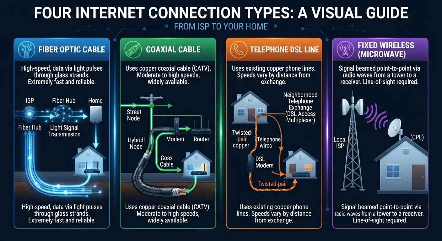 Fiber, Cable, DSL, and Fixed Wireless: What Each Internet Type Actually Delivers